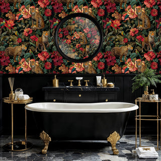 Leopard paradise wallpaper with exotic flowers, displayed in spa bathroom with freestanding bathtub
