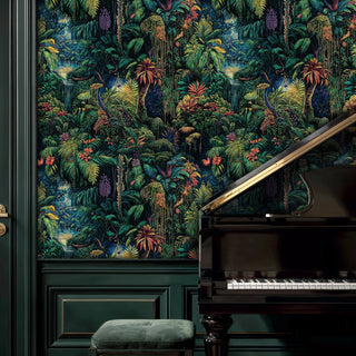 Lush botanical jungle wallpaper with waterfalls and palms, styled in elegant room with grand piano