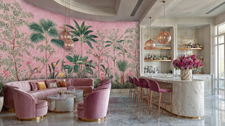 Lush botanical wall mural featuring tropical palms and flowering branches in luxurious living space with marble bar counter