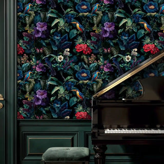 Lush botanical wallpaper featuring exotic birds and flowers in elegant music room with grand piano