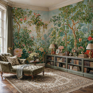Lush floral wall mural with large peonies and misty trees in a library with green velvet chaise and bookshelves
