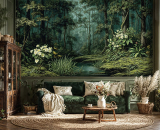 Lush forest wall mural with stream, white blooms, and mossy ground in a cozy living room with green sofa