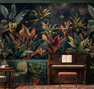 Lush jungle wall mural with exotic foliage, monkey, and hummingbird in a moody green living room with teal sofa
