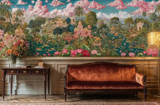 Lush palace garden mural with lotus flowers and temples displayed behind antique velvet sofa