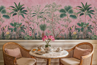 Lush paradise wall mural with flowering branches and birds displayed in vibrant dining room with colorful velvet chairs