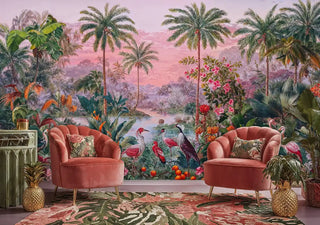 Lush tropical paradise wall mural with flamingos and herons, featured in luxurious lounge with coral velvet chairs