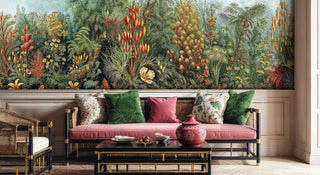 Lush tropical wallpaper featuring exotic plants and orange blooms in sophisticated living room with pink velvet sofa
