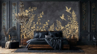 Luxurious bedroom featuring gilded garden wall mural with flying birds and botanical elements on dark navy walls