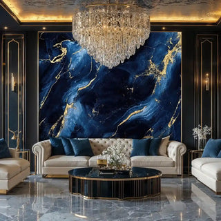Luxurious blue marble wallpaper with gold accents in living room with crystal chandelier