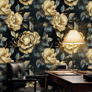 Luxurious botanical wallpaper featuring cream peonies in sophisticated home office with brass lamp