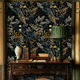 Luxurious botanical wallpaper in elegant bathroom with gold fixtures and freestanding bathtub