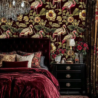 Luxurious flamingo wallpaper with tropical flowers, showcased in opulent bedroom with burgundy velvet bedding