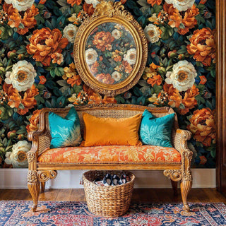 Luxurious floral wallpaper with ornate gold mirror and decorative settee in formal sitting room