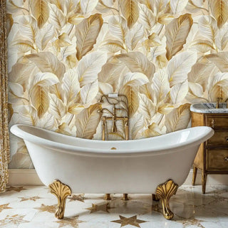 Luxurious golden leaf wallpaper design, displayed in spa-like bathroom with clawfoot tub