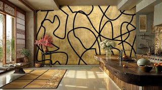 Luxurious golden wallpaper with abstract line pattern, styled in kitchen with wooden countertops