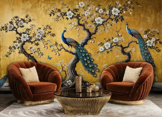 Luxurious peacock garden mural in elegant seating area with velvet armchairs