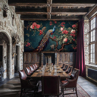 Luxurious peacock garden wall mural with blooming roses in rustic dining room with exposed beams and stone walls