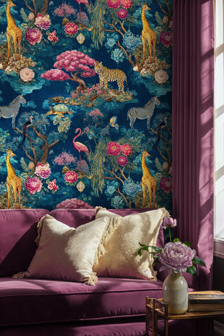 Luxurious safari garden wallpaper with tigers and tropical flowers, displayed in elegant sitting room with mauve velvet furniture