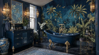 Luxurious tropical wallpaper with palms and birds in gold and navy, shown in opulent bathroom with clawfoot tub