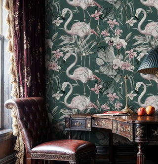 Luxury flamingo wallpaper with tropical motifs in traditional study with leather chair and ornate wooden desk