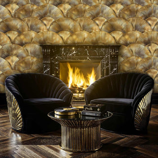 Luxury golden fan wallpaper displayed in sophisticated living room with marble fireplace and black chairs
