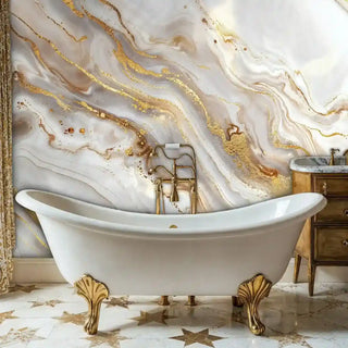 Luxury golden marble wall mural in classic bathroom with ornate clawfoot bathtub