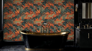 Luxury jungle wallpaper featuring spotted leopards among botanicals, displayed in elegant bathroom with black and gold bathtub
