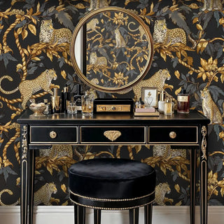Luxury leopard print wallpaper featuring golden cats and rope, shown in elegant vanity area with round mirror