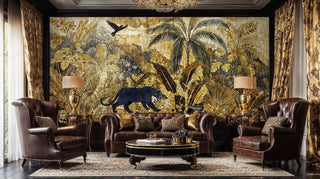 Luxury panther paradise wall mural featuring golden botanicals in sophisticated living room with crystal chandelier