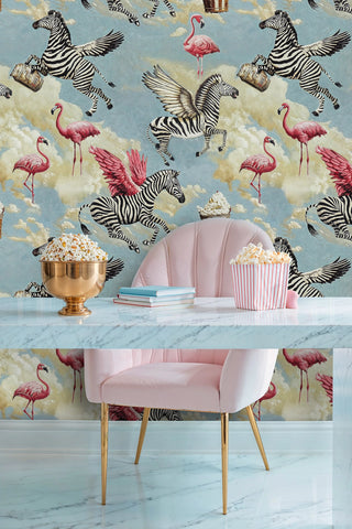 magical flying animals wallpaper with clouds, shown in office space with marble desk