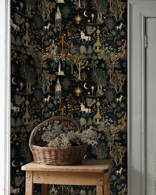Magical forest wallpaper with celestial elements in rustic entryway with wicker basket on wooden table