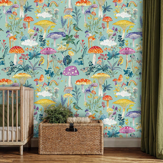 Magical mushroom garden wallpaper with spotted toadstools, displayed in nursery corner with wicker basket