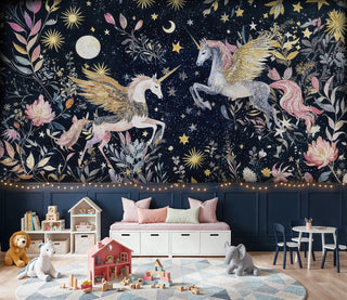 Magical unicorn Wall Mural with starry night sky and pink flowers, in playroom with white storage bench