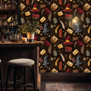 Magical witchcraft pattern wallpaper with potion bottles and letters, displayed in sophisticated bar area with wine shelves