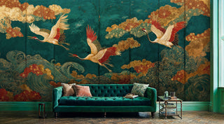 Luxurious chinoiserie wall mural featuring golden cranes and turquoise waves — Atelier Merien designer wallpaper.
