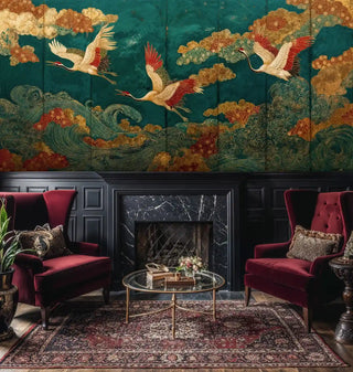 Majestic crane wall mural with ornate clouds in elegant lounge with red velvet chairs and marble fireplace