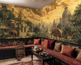 Majestic Indian palace wallpaper featuring temples and elephants shown in luxurious living room with red cushions
