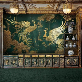 Majestic phoenix wall mural with golden details, featured in ornate room with decorative ceiling and display shelving