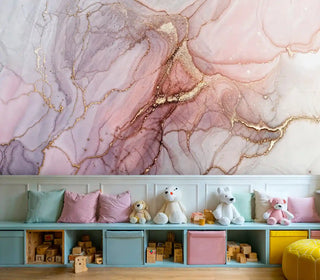 marble geode wallpaper featuring purple and pink swirls in kids playroom with colorful storage cubes