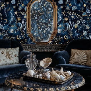 Marine celestial wallpaper featuring seaweed, shells and golden moons, displayed above ornate mirror