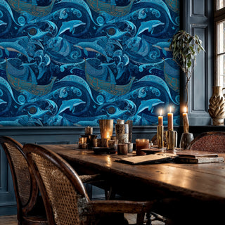 marine life wallpaper featuring detailed whales and dolphins, shown in elegant dining room with wooden table