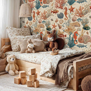 Marine life wallpaper with seahorses and coral, shown in cozy bedroom with wooden bed and nature-themed bedding