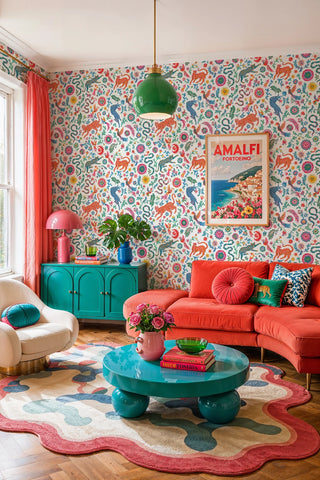 Maximalist folk art wallpaper with exotic cats and botanicals, in a vibrant living room with coral sofa and teal table