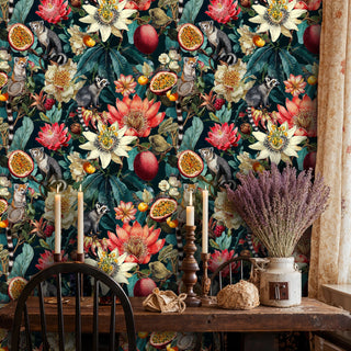 Maximalist lemur wallpaper with passion flowers displayed in a cozy setting with wooden candlesticks