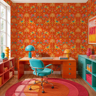 Maximalist tiger wallpaper in orange gold and teal, shown in a bold home office with turquoise desk chair
