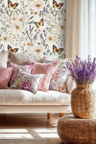 Meadow butterfly wall mural with lavender and cosmos flowers, shown in living room with cream sofa and wicker basket