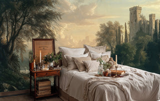 Medieval castle wall mural with misty valley and ancient towers, shown in romantic bedroom with neutral linens