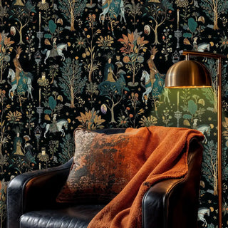 Medieval forest wallpaper featuring noble figures and ornate lanterns, displayed in cozy reading nook with orange armchair