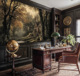 Medieval landscape wall mural with chapel and woodland stream, shown in sophisticated study with antique globe and leather chair