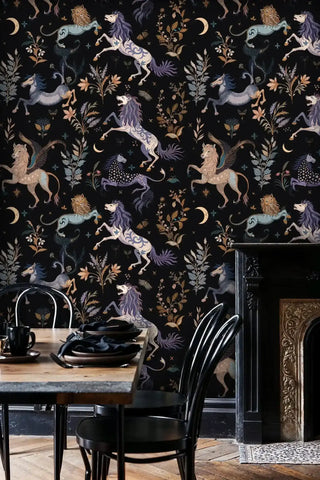 Medieval tapestry-style wallpaper with mythical beasts and florals, displayed in rustic dining area with wooden table